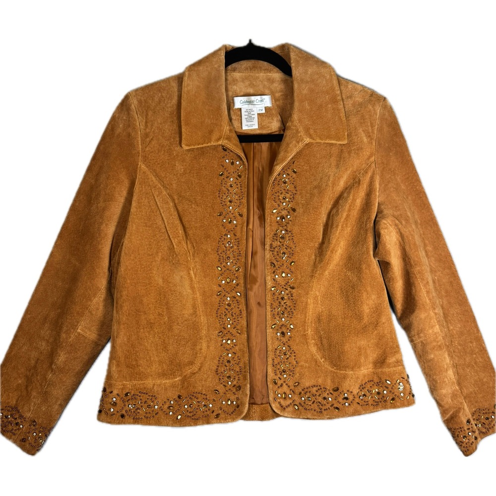 Vintage Coldwater Creek Suede Jacket Women PM Brown Beaded Leather Western Boho
